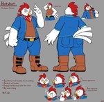 4_fingers anthro avian_caruncle beak big_butt black_eyes blue_bottomwear blue_clothing blue_jacket blue_jeans blue_pants blue_topwear blush boots bottomwear brown_boots brown_clothing brown_footwear brown_shirt brown_tank_top brown_topwear butt clothed clothing comb_(anatomy) denim denim_bottomwear denim_clothing denim_jacket denim_topwear feathers fingers footwear front_view grey_body grey_feathers hair half-closed_eyes hand_on_hip head_crest heart_symbol jacket jeans kerchief knee_boots knee_highs legwear male midriff multiple_expressions multiple_poses narrowed_eyes open_clothing open_jacket open_topwear overweight overweight_anthro overweight_male pants pose raised_hand rear_view red_hair red_kerchief shirt shoes sparkles tail tail_feathers tank_top text thick_thighs topwear white_body white_feathers white_kerchief yellow_beak felino hotshot_(tricktrashing) avian bird chicken galliform gallus_(genus) phasianid 2025 absurd_res english_text hi_res model_sheet