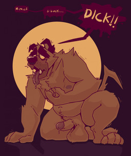 anthro balls belly big_belly black_eyebrows black_nose brown_body brown_fur brown_tail erection eyebrows floppy_ears fur genitals glans kneeling male moobs narrowed_eyes nipples nude open_mouth overweight overweight_anthro overweight_male penis simple_background solo speech_bubble tail text tongue tongue_out yellow_sclera chocolateandmilk canid canine mammal 2022 dated english_text hi_res signature