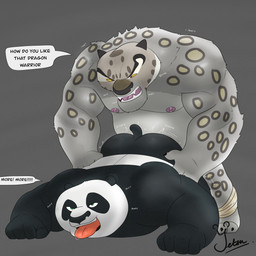 anal anal_penetration anthro anthro_on_anthro anthro_penetrated anthro_penetrating anthro_penetrating_anthro aroused aroused_by_another aroused_face ass_up belly biceps big_butt big_muscles black_body black_fur bodily_fluids butt claws dialogue dirty_talk doggystyle dominant dominant_anthro dominant_male duo enemies_to_lovers fangs fangs_bared feet foot_wraps from_behind_position fur glistening glistening_arms glistening_back glistening_belly glistening_body glistening_butt glistening_chest glistening_fur glistening_legs grabbing_another grabbing_partner green_eyes grey_background grey_body grey_fur grin hand_on_butt hands_on_sides holding_another holding_butt holding_partner humping looking_down looking_down_at_another looking_down_at_partner looking_pleasured looming looming_over lying lying_on_ground male male/male male_penetrated male_penetrating male_penetrating_male manhandling manly markings multicolored_body multicolored_fur musclegut muscular muscular_anthro muscular_male nipples nude nude_anthro nude_male on_front on_ground orange_eyes pecs penetration penile penile_penetration penis_in_ass rivals rough_sex saliva saliva_on_tongue sex simple_background smile sneer speech_bubble spots spotted_body spotted_fur spotted_markings submissive submissive_anthro submissive_male tail taunting taunting_partner teeth text thick_arms thick_thighs thrusting thrusting_forward tough_guy trash_talking two_tone_body two_tone_fur vibrating white_body white_fur wraps yetsu dreamworks kung_fu_panda master_po_ping tai_lung_(kung_fu_panda) bear felid giant_panda mammal pantherine snow_leopard 1:1 english_text hi_res