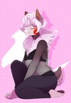 ambiguous_gender anthro clothing fishnet_clothing fur grey_body grey_fur hair male red_eyes simple_background smile smirk solo white_body white_fur white_hair sedmoy clair_(rawringrabbit) canid canine mammal hi_res