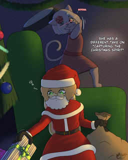 accessory ambush anthro christmas_clothing christmas_headwear christmas_tree clothing cookware dress duo female floppy_ears flower flower_in_hair frying_pan furniture gift green_eyes hair hair_accessory hat headgear headwear holidays imminent_disaster kitchen_utensils lop_ears male male/female plant red_eyes sack santa_hat sofa tools tree whistling catsockjus christmas bella_(catsockjus) haven_(catsockjus) domestic_cat felid feline felis lagomorph leporid mammal rabbit 4:5 absurd_res hi_res