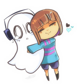 ambiguous_gender bodily_fluids clothed clothing crying duo footwear hair happy heart_symbol hug love not_furry shoes simple_background smile tears white_background diamondmuffins undertale undertale_(series) frisk_(undertale) napstablook ghost human mammal spirit 2016 digital_media_(artwork)