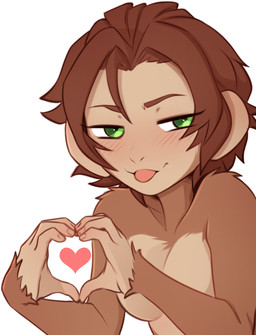 anthro blush bob_cut brown_body brown_fur female fur gesture green_eyes heart_gesture nude solo tongue tongue_out conditional_dnp pudgeruffian moxie_(somerse) haplorhine mammal monkey primate hi_res