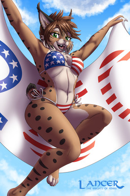 american_flag_bikini anthro bikini breasts brown_body brown_fur brown_hair chest_tuft clothing ear_piercing ear_stud eyebrows eyelashes fangs feet female flag_bikini flag_swimwear fur green_eyes hair holidays inner_ear_fluff markings navel open_mouth open_smile piercing side-tie_bikini smile solo spots spotted_body spotted_fur string_bikini swimwear tan_body tan_fur teeth tuft two-piece_swimsuit heresy_(artist) 4th_of_july lancer:_the_knights_of_fenris mika_fadeneir felid feline lynx mammal 2026 2:3 hi_res