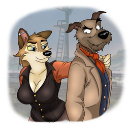 5_fingers anthro anthro_on_anthro anthrofied black_nose breasts brown_body brown_fur brown_hair clothed clothed_anthro clothed_female clothed_male clothing duo ear_piercing female fingers fur grey_body grey_fur hair humanoid_hands industrial_piercing long_hair male male/female piercing shirt smile topwear folwilliar balto_(series) disney the_fox_and_the_hound universal_studios aleu_(balto) chief_(tfath) canid canine canis domestic_dog hunting_dog husky hybrid irish_wolfhound mammal nordic_sled_dog sighthound spitz wolf wolfdog crossover digital_media_(artwork)