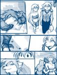 2018 anthro bandage blue_and_white breasts canid canine canis chest_tuft clothed clothing comic conditional_dnp female fur group hair human keidran long_hair looking_back male mammal monochrome natani plant raine_silverlock simple_background sketch tom_fischbach tree tuft twokinds white_background wolf zen_(twokinds)