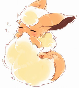 3_toes ambiguous_feral ambiguous_gender big_ears big_tail blush blush_lines brown_inner_ear cute_fangs eyes_closed fangs feet feral fluffy fluffy_tail fur glistening glistening_body glistening_fur hand_on_tail head_tuft hindpaw holding_own_tail holding_tail huge_tail inner_ear_fluff kemono lying monotone_tail neck_tuft nom nom_(sound_effect) on_side orange_body orange_ears orange_fur orange_inner_ear_fluff pawpads paws pink_pawpads quadruped ruff simple_background solo tail tail_in_mouth tail_nom teeth text thick_tail toes tuft white_background yellow_body yellow_fur yellow_tail suppainu nintendo pokemon eeveelution flareon generation_1_pokemon mammal pokemon_(species) 2018 colored digital_media_(artwork) full-length_portrait hi_res japanese_text portrait shaded