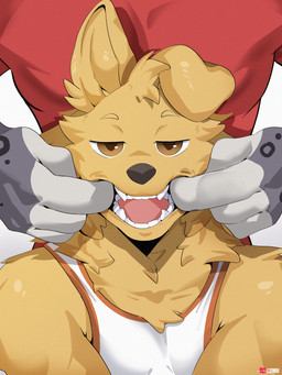 anthro brown_eyes clothing duo faceless_character finger_in_mouth fur grey_body grey_fur hair male markings multicolored_body multicolored_fur muscular muscular_male open_mouth shirt spots spotted_body spotted_fur tank_top teeth topwear two_tone_body two_tone_fur yellow_body yellow_fur lumii i_think_i_like_you dev_(i_think_i_like_you) ray_(i_think_i_like_you) bird_dog canid canine canis domestic_dog felid golden_retriever hunting_dog mammal pantherine retriever snow_leopard 3:4 absurd_res hi_res