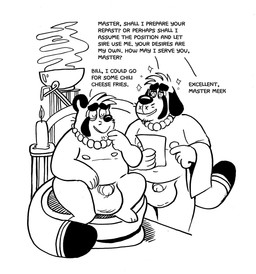 after_transformation anthro balls big_balls big_balls_small_penis big_tail butler candle dialogue disproportionate_genitalia duo genitals hypnosis jewelry male mind_control necklace nipples penis small_penis speech_bubble tail text billy_fore billy_fore_(character) meek_(character) beagle canid canine canis domestic_dog hunting_dog mammal raccoon_dog scent_hound tanuki english_text hi_res