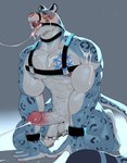 5_fingers abs all_fours anthro aroused backlighting balls barazoku bdsm bedroom_eyes big_balls big_muscles big_penis biped blue_body blue_fur blush bodily_fluids chain cheek_tuft collar countershading crotch_tuft cuff_(restraint) cum cum_drip cum_in_mouth cum_inside cum_on_arm cum_on_chest cum_on_face cum_on_ground cum_on_neck cum_string cumshot dipstick_ears dipstick_tail dripping ear_markings ejaculation erection eyebrows facial_tuft fangs fingers fur gag genital_fluids genitals glans glistening glistening_body glistening_genitalia glistening_penis handcuffed handcuffs hands-free hands_on_ground harness humanoid_genitalia humanoid_penis kneeling kneeling_on_ground leather leather_harness leopard_spots light male markings metal_cuffs multicolored_ears muscular muscular_anthro muscular_arms muscular_male muscular_sub muscular_thighs muzzle_(object) narrowed_eyes neck_muscles nipples o-ring open_mouth particles pawpads pecs penis pink_glans pink_nipples pink_pawpads restraints ring_gag seductive simple_background snowflake_pattern solo spots submissive submissive_anthro submissive_male tail tail_markings teeth tongue tongue_out tuft vein veiny_muscles veiny_penis white_body white_countershading yellow_eyes n-art felid leopard mammal pantherine snow_leopard absurd_res hi_res lighting shaded