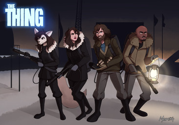 anthro beard boots brown_hair clothed clothed_anthro clothed_female clothed_human clothed_male clothing coat dynamite explosives facial_hair female female_anthro female_human flamethrower footwear fully_clothed fully_clothed_anthro fully_clothed_female fully_clothed_human fully_clothed_male gloves group gun hair handwear holding_gun holding_lantern holding_object holding_ranged_weapon holding_weapon horror_(theme) lamp lantern male male_human mustache night outside ranged_weapon shoes snow tail topwear weapon winter winter_clothing magaska19 the_thing childs_(the_thing) kate_lloyd_(the_thing) lily_bates_(magaska19) r.j._macready_(the_thing) arctic_fox canid canine fox human mammal true_fox 2021 absurd_res digital_media_(artwork) hi_res