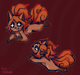 abstract_background ambiguous_gender feral hair happy high-angle_view lying multi_tail noise_filter orange_body ponytail quadruped red_background simple_background solo star_eyes tail raidev nintendo pokemon veil_(raidev) canid canine fox generation_1_pokemon mammal pokemon_(species) vulpix