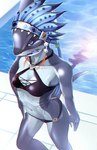 anthro bikini black_bikini black_clothing black_swimwear blue_body blue_eyes blue_skin blue_tongue breasts clothing collarbone female gills hair long_hair navel non-mammal_breasts solo swimming_pool swimwear tongue two-piece_swimsuit water 000 doubutsu_sentai_zyuohger super_sentai sela fish marine shark