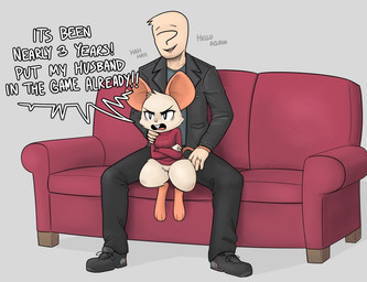 anthro barefoot between_legs bottomless buckteeth clothed clothing crossed_arms crotch_tuft demanding dialogue digit_ring duo faceless_character faceless_human faceless_male feet female female_anthro female_on_human fingers fur furniture head_tuft human_on_anthro husband_and_wife interspecies jacket jewelry larger_human larger_male male male/female male_human male_on_anthro married_couple notched_ear ring romantic romantic_couple shirt sitting size_difference smaller_anthro smaller_female smile sofa sweater tail_around_arm tail_around_partner teeth text topwear tuft wedding_ring white_body anonymous_artist mina_the_hollower yacht_club_games anon mina_(mina_the_hollower) human mammal mouse murid murine rodent english_text