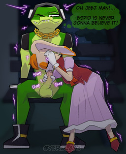 added_anatomy anthro bench clothing dress electronics fellatio female gloves handwear headphones male male/female mature_female oral penile sex text yerolay sega sonic_the_hedgehog_(series) vanilla_the_rabbit vector_the_crocodile crocodile crocodilian lagomorph leporid mammal rabbit reptile scalie