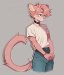 anthro bell bell_collar black_collar blue_bottomwear blue_clothing blue_pants blue_shirt blue_topwear blush blush_lines bottomwear bracelet clothed clothed_anthro clothed_male clothing collar denim denim_bottomwear denim_clothing femboy fur green_eyes grey_background hair heart_(marking) inner_ear_fluff jeans jewelry male markings pants pink_body pink_bracelet pink_fur pink_hair pink_nose shirt simple_background solo standing topwear tucked_shirt tuft alletana domestic_cat felid feline felis mammal 2024 hi_res signature