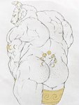 anthro big_butt body_hair butt butt_hair chain ear_piercing eclipse eclipse_warrior facial_piercing gold_(metal) hairy jewelry leg_brace male muscular muscular_male nose_piercing piercing solo tattoo tramp_stamp warrior eric_dream_everyotherheart bovid caprine goat mammal