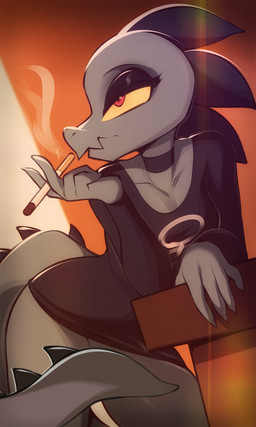 anthro breasts cigarette clothed clothing eyeshadow female grey_body grey_scales makeup non-mammal_breasts red_eyes scales smoking smoking_cigarette solo yellow_sclera wildblur night_in_the_woods bea_santello alligator alligatorid crocodilian reptile scalie 2025 3:5 hi_res