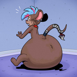 anthro blue_eyes brown_body brown_fur buckteeth butt carpet collar fur looking_back markings monobutt red_collar red_nose solo surprised tail tail_wraps teeth whisker_markings wraps trevor-fox trevor-fox_(character) mammal mouse murid murine rodent 1:1 hi_res