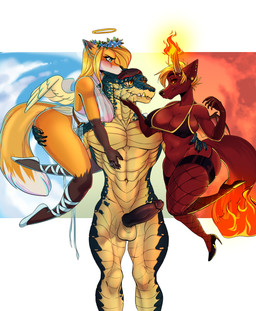 anthro breasts butt female fire genitals group male male/female penis simple_background white_background katfishcom laluka razer_fyrebrandt_(geimhreadh) alligator alligatorid angel canid canine crocodile crocodilian demon fox mammal reptile scalie 2019 character_request digital_media_(artwork) hi_res shaded
