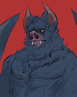 anthro black_body black_fur fangs fur looking_at_viewer male red_background red_eyes simple_background solo teeth whatslifeok dispatch sonar_(dispatch) bat mammal 2025 colored hi_res