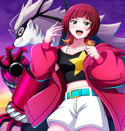 anthro belt bottomwear clothing cybernetic_arm cybernetic_limb duo female fur grey_hair hair jacket mask mechanical_arm open_mouth pants red_eyes red_hair shirt shorts star teeth topwear white_body white_fur clarinet_hikari bandai_namco digimon reina_sakuya digimon_(species) human mammal wolvermon 2026 digital_media_(artwork) hi_res