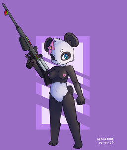 accessory anthro black_body black_fur blue_eyes breasts clothing dartgun female flower flower_in_hair fur genitals gun hair hair_accessory legwear looking_at_viewer medium_breasts multicolored_body multicolored_fur navel nipples one_eye_closed pawpads paws pink_nipples plant purple_background ranged_weapon simple_background smile solo tail thigh_highs vulva weapon white_body white_fur wink frigadae slava_medik bear giant_panda mammal 2023 digital_media_(artwork) full-length_portrait hi_res portrait
