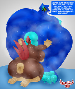 3_toes 4_fingers anthro anus belly big_anus big_breasts big_butt big_feet blue_body blue_eyes blue_fur blue_hair bodily_fluids body_worship breasts brown_body butt butt_squish claws cybernetics duo facesitting feet female fingers freckles fur genitals gynomorph gynomorph/female hair huge_anus huge_breasts huge_butt huge_thighs hyper hyper_anus hyper_butt intersex intersex/female kneeling long_tail looking_at_another looking_back machine musk musk_worship musky_anus musky_butt musky_feet nipples open_mouth pawpads protogen_visor puffy_anus sex sitting sitting_on_another size_difference speech_bubble squish sweat sweatdrop sweaty_breasts sweaty_butt sweaty_genitalia sweaty_legs sweaty_thighs tail text thick_thighs toes wide_hips yellow_eyes sokoyo_owo reign_(reignbowmaus) starry_(sokoyo_owo) avian bird canid canine chicken cyborg galliform mammal phasianid protogen hi_res