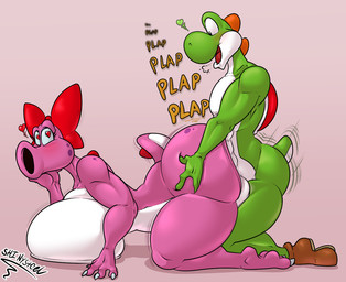 ambiguous_penetration anthro balls big_balls big_breasts big_butt bow_(feature) bow_ribbon breast_rest breast_squish breasts butt butt_grab butt_squish doggystyle duo eyes_closed female female_penetrated from_behind_position genitals grabbing_hips green_body green_scales hand_on_butt heart_eyes heart_symbol looking_at_another looking_at_partner looking_back looking_back_at_another looking_back_at_partner male male/female male_penetrating male_penetrating_female mostly_nude multicolored_body multicolored_scales onomatopoeia penetration pink_body pink_scales plap plap_(sound) red_ribbon ribbon_only ribbons scales scut_tail sex short_tail smile sound_effects squish tail text thick_thighs two_tone_body two_tone_scales white_balls white_body white_scales shinysteel mario_bros nintendo birdo yoshi 2026
