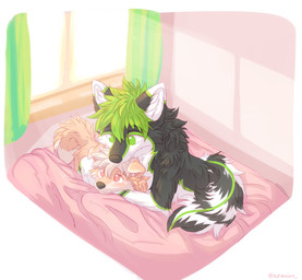 anthro bed duo furniture hug lying male male/male romantic romantic_couple acronium canid canine canis domestic_dog mammal wolf hi_res