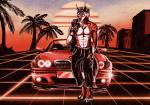 1980s_theme anthro bmw_330ci car clothed clothing gloves grid handwear kerchief looking_at_viewer male outside palm_tree partially_clothed plant retro scar solo standing synthwave topless tree vehicle lupinemoonfeather bmw red_baron_(lupinemoonfeather) canid canine canis mammal wolf 2018 red_theme warm_colors