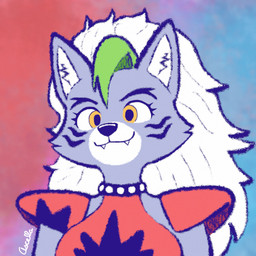 abstract_background anthro blue_background collar eyebrows facial_markings fangs female fur green_hair hair head_markings markings purple_body purple_fur red_background shoulder_pads simple_background smile solo spiked_collar spikes teeth text white_body white_fur white_hair yellow_eyes ascella_(artist) five_nights_at_freddy's five_nights_at_freddy's:_security_breach scottgames steel_wool_studios roxanne_wolf canid canine canis mammal wolf 1:1 2026 colored_line_art digital_media_(artwork) flat_colors hi_res portrait signature