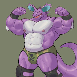 abs anthro biceps big_muscles camo camo_clothing camo_print camo_underwear clothing countershade_torso countershading flexing green_background horn huge_muscles male mostly_nude musclegut muscular muscular_male pattern_clothing pattern_underwear pecs purple_body shirtless_male simple_background skull_and_crossbones underwear adios nintendo pokemon generation_1_pokemon nidoking pokemon_(species) 1:1 hi_res