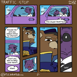 anthro badge building car clothing dialogue driving driving_car duo emanata frustrated frustration_cloud glare hitting hitting_head honk looking_at_another looking_down looking_down_at_another looking_up looking_up_at_partner male onomatopoeia pablo_police_bear_(p.p.bigger_world_au) page_number pockets police police_badge police_hat police_officer police_uniform seat_belt shocked sound_effects speech_bubble steering_wheel swallowing text title uniform vehicle valken_holmes five_nights_at_freddy's scottgames freddy_(fnaf) william_afton_(fnaf) bear brown_bear felid feline grizzly_bear mammal ursine 1:1 character_request comic dated english_text hi_res watermark