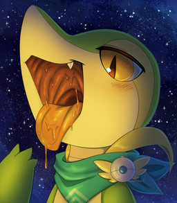 ambiguous_gender anthro badge blush bodily_fluids cute_fangs drooling explorer_badge fangs green_body green_scarf mostly_nude mouth_shot narrowed_eyes night open_mouth outside saliva scarf scarf_only sky solo star starry_sky tan_body teeth text tongue tongue_out yellow_body yellow_eyes rainypaws nintendo pokemon pokemon_mystery_dungeon spike_chunsoft generation_5_pokemon pokemon_(species) snivy artist_name hi_res