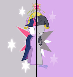 crown female feral fur glowing glowing_eyes hair headgear horn inverted_color multicolored_hair purple_body purple_fur purple_hair solo split_screen thediscorded friendship_is_magic hasbro my_little_pony mythology twilight_sparkle_(mlp) equid equine mammal mythological_creature mythological_equine unicorn 2012 absurd_res full-length_portrait hi_res portrait