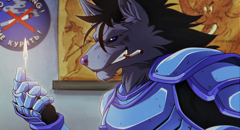 armor black_hair blue_eyes cigarette fire fur grey_body grey_fur hair looking_at_viewer match safety_match solo ahriman_(artist) soyuzmultfilm well_just_you_wait! volk_(wjyw) canid canine canis mammal wolf hi_res