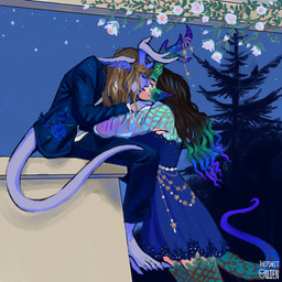 5_toes blue_body blue_bottomwear blue_clothing blue_dress blue_jacket blue_pants blue_topwear bottomwear brown_hair clothing dress eyes_closed feet flower hair head_wings high_detail horn jacket kissing multicolored_body multicolored_hair multicolored_horn pants plant scales sitting sky star starry_sky suit tail toes topwear tree unusual_wing_placement vines white_undershirt wings hermitollien humanoid signature
