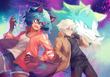 abstract_background anthro black_nose blue_body blue_eyes blue_fur blue_hair bottomwear brown_body brown_fur clothed clothing coat collar female fluffy fluffy_tail fully_clothed fur gloves gloves_(marking) group hair handwear jacket male markings open_mouth shorts tail topwear trio crowley brand_new_animal studio_trigger michiru_kagemori shirou_ogami canid canine canis mammal raccoon_dog tanuki wolf hi_res