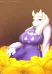 2016 absurd_res anthro big_breasts boss_monster_(undertale) bovid breasts caprine clothed clothing digital_media_(artwork) female flower fur hi_res horn long_ears looking_at_viewer mammal open_mouth plant red_eyes solo toriel undertale undertale_(series) white_body white_fur zephyrflash