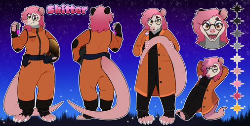 anthro clothing coat cosmic_background eyewear female glasses hair jumpsuit lab_coat orange_clothing pink_hair round_glasses solo star starry_background text topwear weird_dog_thing skitter_locklear american_opossum mammal marsupial virginia_opossum 2026 absurd_res character_name hi_res model_sheet multiple_images gynomorph_(lore) trans_(lore)