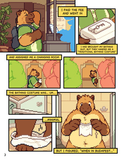 ambiguous_gender anthro blush bottomwear clothed clothing detailed_background duo group inside loincloth looking_around_corner male nude nude_male overweight overweight_anthro overweight_male removing_underwear smile solo text towel trio underwear_around_ankles conditional_dnp mabit background_character gabe_(mabit) capybara caviid mammal rodent 2025 comic digital_media_(artwork) english_text hi_res pixel_(artwork)