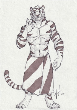 anthro cheek_tuft closed_smile facial_tuft front_view gesture glistening glistening_eyes hand_gesture head_tuft looking_at_viewer male male_anthro markings mouth_closed muscular muscular_anthro muscular_male neck_tuft smile solo standing striped_arms striped_markings striped_tail stripes tail tail_markings towel towel_around_waist tuft v_sign hufnaar felid mammal pantherine tiger 2017 absurd_res dated full-length_portrait hi_res monochrome portrait
