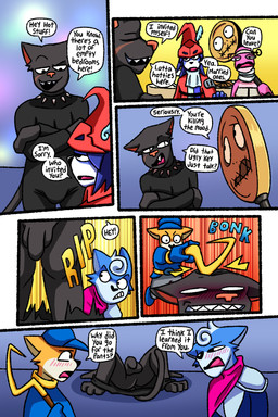 3_toes 5_fingers 5_panel_comic angry annoyed anthro armor assisted_exposure balls black_body black_fur blue_body blue_fur blush blush_lines bottomless bottomwear bottomwear_down bottomwear_pull butt cane clothed clothing clothing_pull costume dialogue embarrassed fangs feet female fingers fur genitals gloves group halloween_costume halloween_party handwear harassment hat headgear headwear hitting hitting_head holidays horizontal_pupils jewelry male necklace orange_body orange_fur pants pants_down pants_pull pantsing partially_clothed penis pink_body pink_nose pink_skin pupils scar scarf sly_cooper's_cane speech_bubble tail tan_body tan_fur teeth text toes tongue white_body white_fur deerkid arc_system_works final_fantasy final_fantasy_ix guilty_gear guilty_gear_strive halloween nintendo sly_cooper_(series) sony_corporation sony_interactive_entertainment square_enix star_fox sucker_punch_productions a.b.a_(guilty_gear) amanda_toad black_panther_(character) fox_mccloud freya_crescent krystal_(star_fox) marcus_mccloud panther_caroso paracelsus sly_cooper amphibian canid canine canis felid feline fox frog mammal pantherine toad_(frog) 2:3 absurd_res comic english_text hi_res father_(lore) father_and_child_(lore) father_and_son_(lore) mother_(lore) mother_and_child_(lore) mother_and_son_(lore) parent_(lore) parent_and_child_(lore) parent_and_son_(lore) son_(lore)