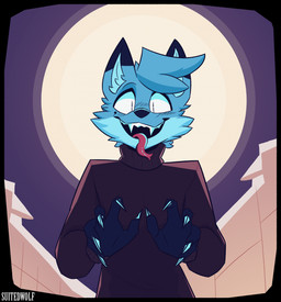 anthro big_ears big_hands black_body black_fur black_hands black_nose blue_body blue_claws blue_fur brown_clothing brown_sweater brown_topwear cheek_tuft city claws close-up clothing creepy detailed_background facial_tuft fangs forked_tongue full_moon fur gloves_(marking) head_tuft holidays looking_at_viewer male markings mole_(marking) moon neck_tuft pupils slit_pupils solo standing sweater teeth tongue tongue_out topwear tuft turtleneck upper_teeth white_eyes suitedwolfie halloween balthy_(suitedwolfie) canid canine fox ghoul mammal red_fox true_fox undead 2025 digital_drawing_(artwork) digital_media_(artwork) hi_res shaded watermark