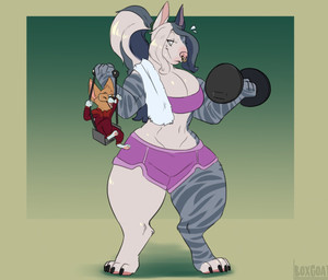 ambiguous_gender anthro big_breasts bottomwear bra breasts cheering cleavage clothed clothing dolphin_shorts dumbbell duo exercise eyes_closed eyewear facial_piercing female glasses hair larger_female midriff muscular muscular_female navel nose_piercing nose_ring piercing ponytail ring_piercing shorts size_difference smaller_ambiguous sports_bra towel tracksuit underwear weightlifting weights workout boxgoat corgi_(ordinaryoddball) pinky_(pinkyhemmit) bull_terrier canid canine canis domestic_dog herding_dog hunting_dog mammal pastoral_dog terrier welsh_corgi