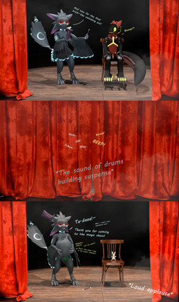 4_ears abdominal_bulge anthro anthro_pred anthro_prey blep blue_text calling_for_help calling_for_release chair clothing cybernetic_eye cybernetics dialogue digestion_implied digestion_noises duo feathers furniture glowing glowing_eyes grey_body grey_feathers grey_head grey_legs grey_tail grey_thighs hat headgear headwear holding_clothing holding_hat holding_headgear holding_headwear holding_object imminent_death imminent_digestion machine magic_wand male multi_ear on_chair onomatopoeia oral_vore plushie rabbit_plushie red_eyes rumbling_stomach same_size_vore screen screen_face sitting sitting_on_chair sound_effects stage stage_curtains tail text tongue tongue_out trick unwilling_prey vore winged_arms wings wood wood_chair wood_furniture yellow_eyes yellow_text umbry cyphen-proto_(worldman15) umbry_moonlight avali protogen 3d_(artwork) absurd_res comic digital_media_(artwork) english_text hi_res