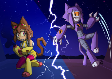anthro breasts brown_body brown_hair clothed clothing duo electricity eyewear eyewear_on_head female fur goggles goggles_on_head hair lightning machine ranged_weapon small_breasts tail teeth topwear weapon whiskers mancoin gameoverse glitch_productions kit_bodega malice_(gameoverse) domestic_cat felid feline felis mammal robot digital_media_(artwork) hi_res signature