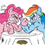 arm_wrestling blue_body blue_fur competition duo female fur hair long_hair multicolored_hair muscular pink_body pink_fur rainbow_hair side_view the_atrix friendship_is_magic hasbro my_little_pony pinkie_pie_(mlp) rainbow_dash_(mlp) earth_pony equid equine horse mammal pony 1:1