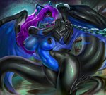 anthro bdsm big_breasts black_body black_nipples black_pussy black_scales black_tail blue_body blue_eyes blue_scales blush bound breasts chain chained chained_up collar female genitals hair looking_at_viewer membrane_(anatomy) membranous_wings neck_chain nipples purple_hair pussy scales solo spade_tail tail thick_tail wide_hips wings amethystdust european_mythology mythology taghyrt dragon mythological_creature mythological_scalie scalie western_dragon xenodragon hi_res nonbinary_(lore)